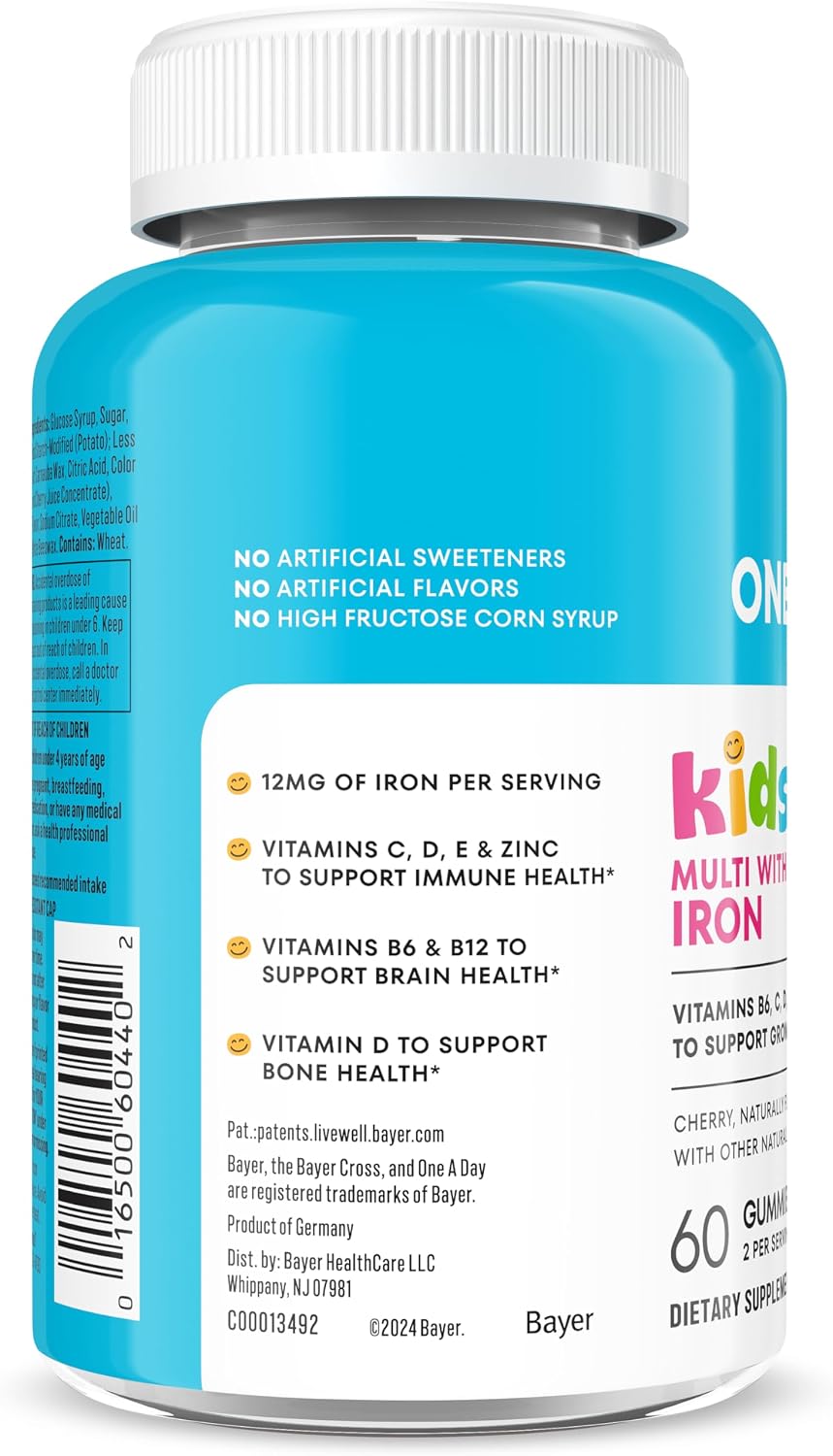 One A Day Kids Multivitamin with Iron Gummy, Vitamin D, Vitamin C, E, Zinc for Immune Support, Gummy Vitamins, Kids Multivitamin Gummies with Iron, Cherry Flavor, 60 Count (Packaging May Vary)