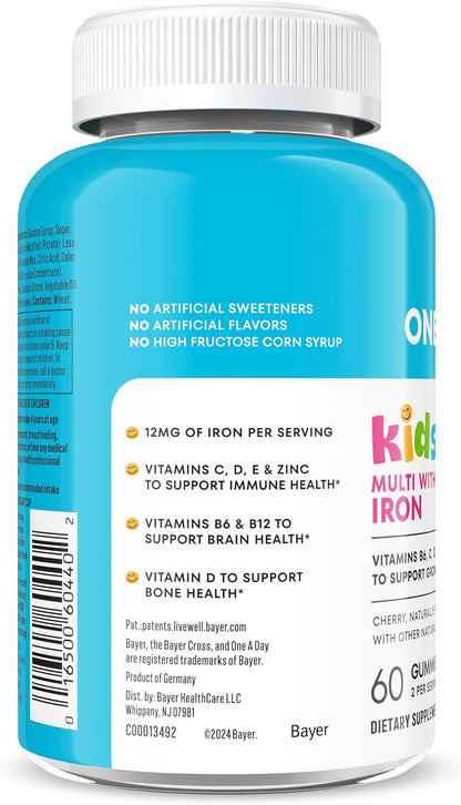 One A Day Kids Multivitamin with Iron Gummy, Vitamin D, Vitamin C, E, Zinc for Immune Support, Gummy Vitamins, Kids Multivitamin Gummies with Iron, Cherry Flavor, 60 Count (Packaging May Vary)