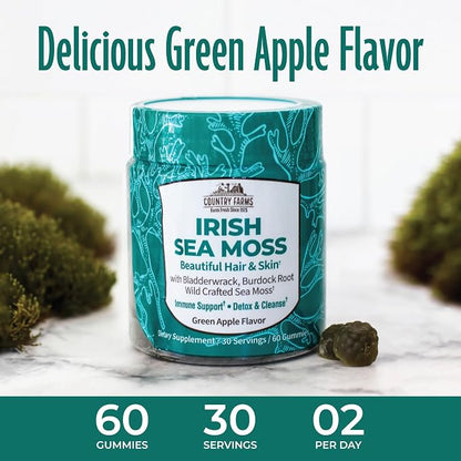 COUNTRY FARMS Irish Sea Moss Gummies, 2000mg Irish Moss, Burdock Root, Bladderwrack for Immune Support, Promotes Digestive Health, Skin and Hair Support, Pectin Based, Vegan, Gluten Free, Green Apple
