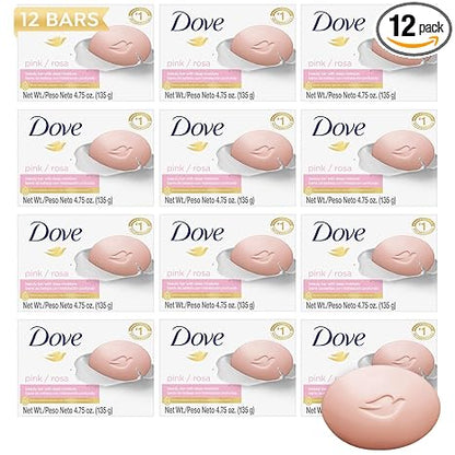 Dove Soap, Pink Beauty Bar 12-Pack – 3-in-1 Moisturizing Face, Body & Hand Soap, 4.75 Oz Ea