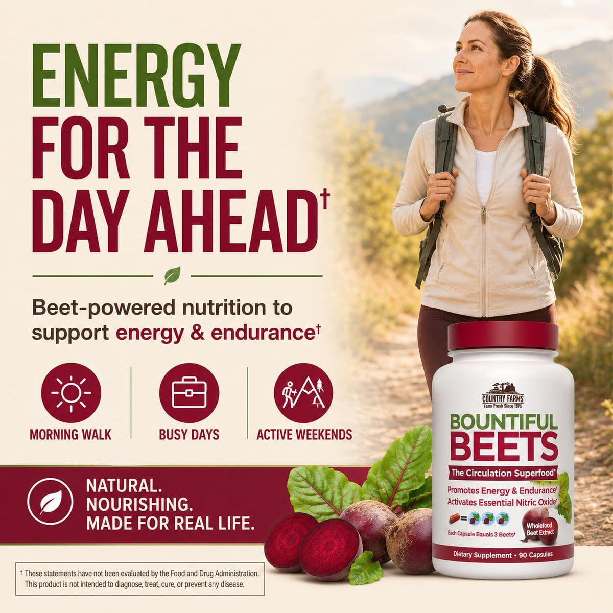 Country Farms Bountiful Beets Capsules, Wholefood Beet Extract Superfood, Natural Nitric Oxide Booster, Beet Root Powder, Circulation and Immune Support, 90 Count, 90 Servings