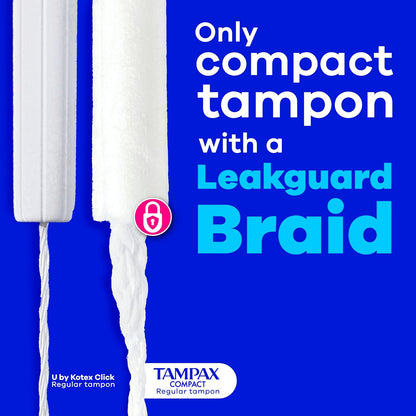 Tampax Compact Pearl Tampons for Women, with LeakGuard Braid & Extendable Applicator, Regular Absorbency, Compact Extendable Applicator, Unscented, 32 Count