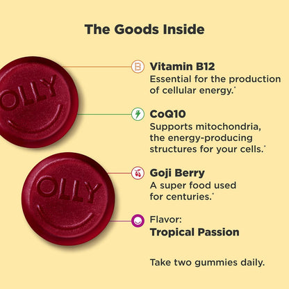 OLLY Daily Energy, Caffeine Free, 300 mcg Vitamin B12, CoQ10-120 Count