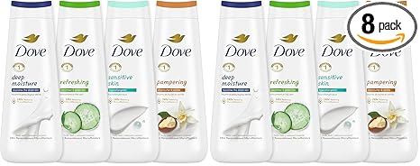 Dove Body Wash Deep Moisture,Sensitive Skin,Cucumber and Green Tea,and Shea Butter & Vanilla Collection Skin Cleanser with 24hr Renewing MicroMoisture 20 oz,(Pack of 8)