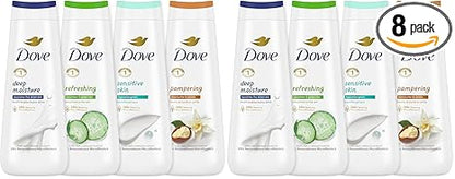 Dove Body Wash Deep Moisture,Sensitive Skin,Cucumber and Green Tea,and Shea Butter & Vanilla Collection Skin Cleanser with 24hr Renewing MicroMoisture 20 oz,(Pack of 8)