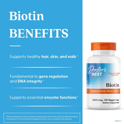 Doctor's Best Biotin Vitamin Supplement 5000 mcg, Vegan, 120 Veg Caps