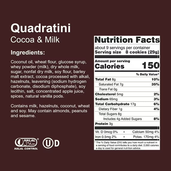 Loacker Quadratini Cocoa and Milk, Cream-Filled Bite-Size Wafer Cookies, 8.82 oz, Pack of 6
