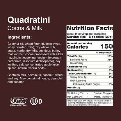 Loacker Quadratini Cocoa and Milk, Cream-Filled Bite-Size Wafer Cookies, 8.82 oz, Pack of 6