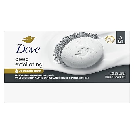 Dove Deep Exfoliating Beauty Bar Soap 6 Count, Charcoal Powder, 3.75 oz I Exfoliating beauty bar with charcoal powder and glycerin for softer, smoother skin