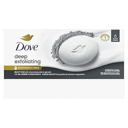Dove Deep Exfoliating Beauty Bar Soap 6 Count, Charcoal Powder, 3.75 oz I Exfoliating beauty bar with charcoal powder and glycerin for softer, smoother skin