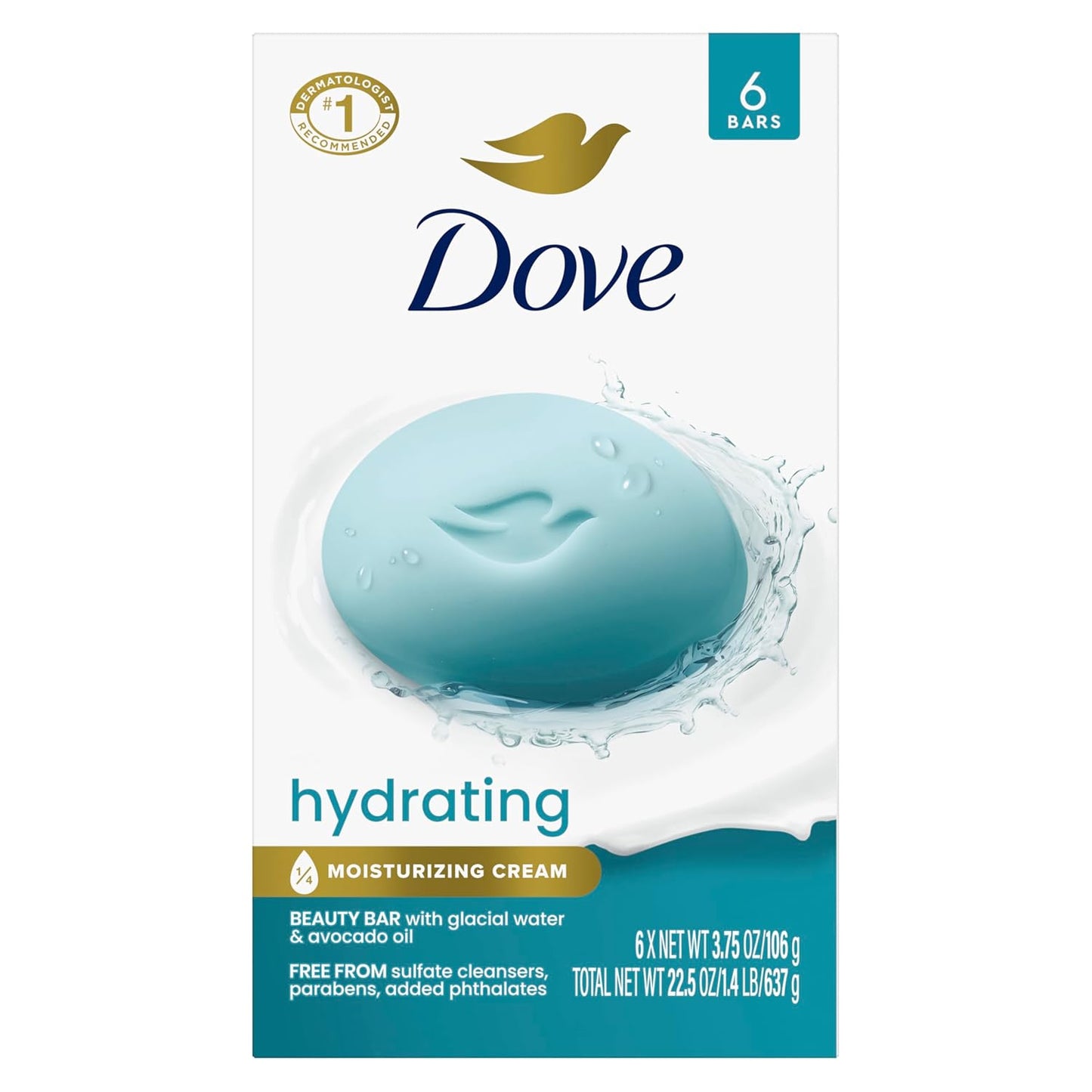 Dove Hydrating Beauty Bar Soap 6 Count, Glacial Water & Avocado Oil, 3.75 oz I Hydrating beauty bar with glacial water and avocado oil for refreshed, soft and healthy-looking skin