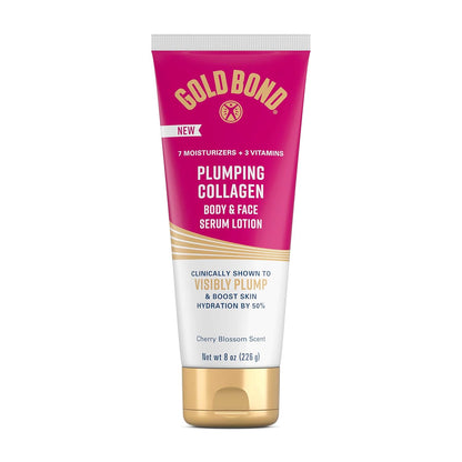 Gold Bond Plumping Collagen Body & Face Serum Lotion, Hydrating Moisturizer | Scented lotion with collagen peptide complex, jojoba & grapeseed oils to visibly plump skin, cherry blossom scent, 8 oz