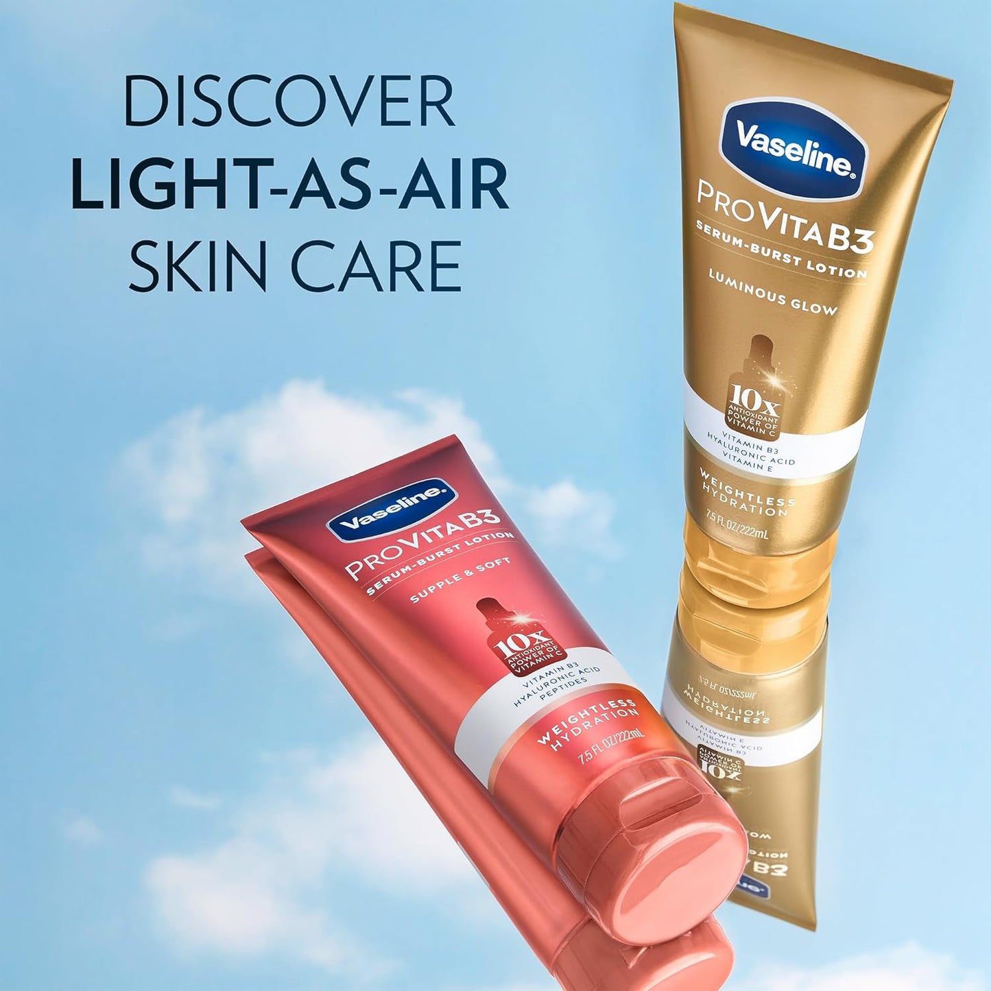 Vaseline Lotion, Pro VitaB3 Serum-Boost, Supple & Soft, 2-Pack – Weightless Hydration with Niacinamide, Hyaluronic Acid & Peptides, 7.5 Oz Ea