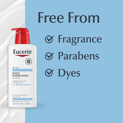 Eucerin Daily Hydration Body Lotion for Dry Skin, Unscented Body Moisturizer with Sunflower Oil and Pro-Vitamin B5, 16.9 Fl Oz Bottle (Pack of 12)