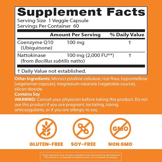 Doctor's Best CoQ10 100 mg + Nattokinase 2,000 FU, Vegan, 60 Veg Capsules