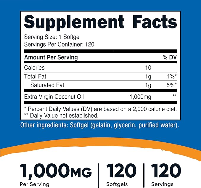 Nutricost Coconut Oil Softgels (1000mg) 120 Softgels, Extra Virgin
