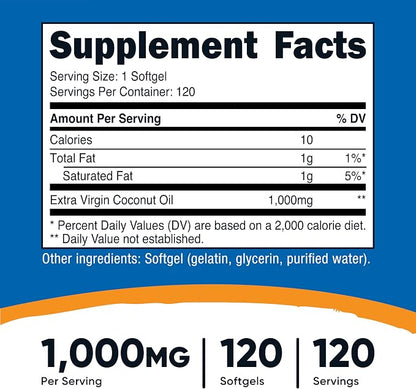 Nutricost Coconut Oil Softgels (1000mg) 120 Softgels, Extra Virgin