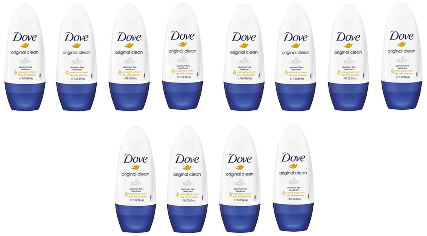 Dove Original Clean Roll On Deodorant, Aluminum Free, All Day Odor Protection, 12-Pack, 1.7 FL Oz Each, 4 Bottles