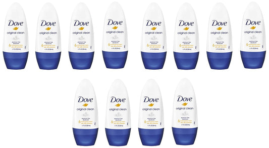 Dove Original Clean Roll On Deodorant, Aluminum Free, All Day Odor Protection, 12-Pack, 1.7 FL Oz Each, 4 Bottles