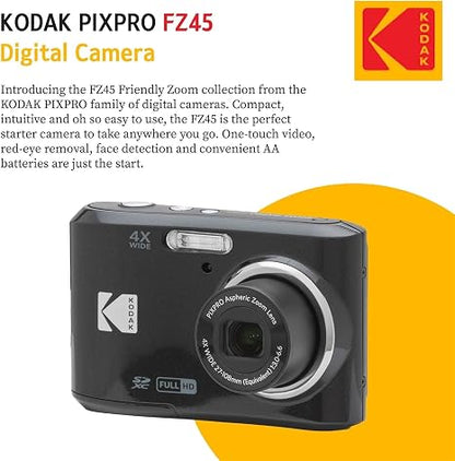KODAK PIXPRO FZ45 16MP Digital Camera with 4X Optical Zoom 27mm Wide Angle and 2.7" LCD Screen Bundle with 32GB SD Memory Card, AA Batteries (4 Pack), Lens Cleaning Cloth (Black)