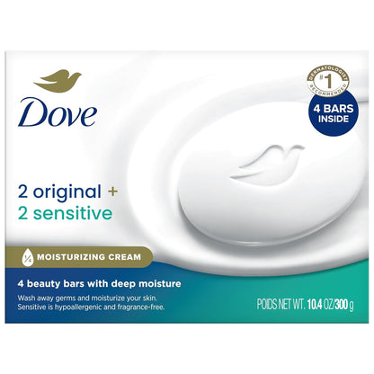Dove Beauty Bar Soap Variety 8-Pack – Sensitive Skin, Fragrance-Free + Original, with Moisturizing Cream, 2.6 Oz Ea