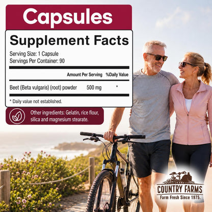 Country Farms Bountiful Beets Root Capsules, Wholefood Beet Extract Superfood, Natural Nitric Oxide Booster, Supports Natural Energy, Circulation and Immune Support, 180 Count, 2 Pack