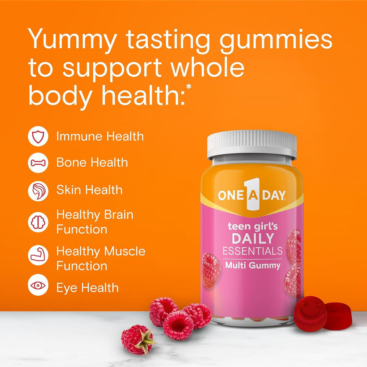 One A Day Teen Girl’s Daily Essentials Multivitamin Gummies, Teen Girl Multivitamins with Biotin, Vitamin B12 and B6, Vitamin C, Raspberry Natural Flavor, 120 Gummies