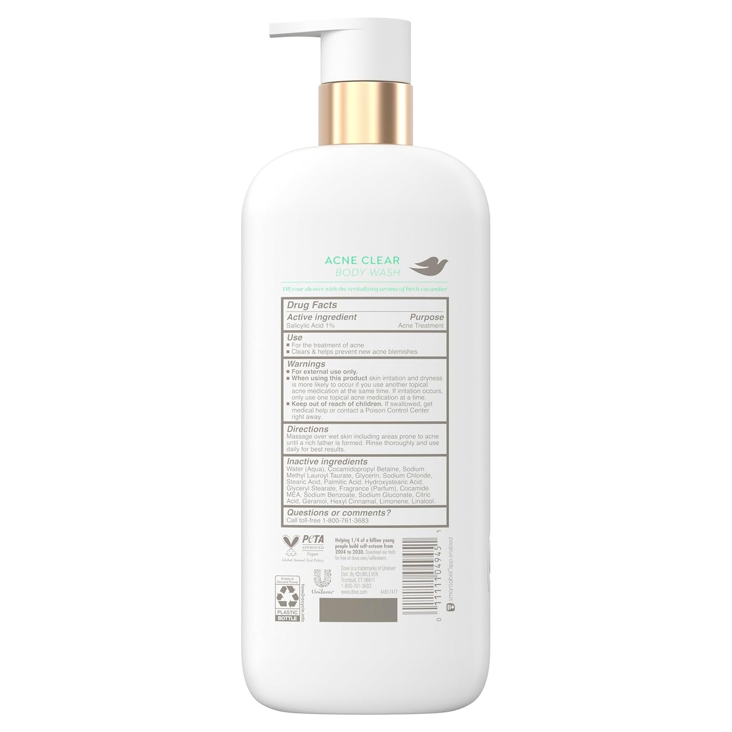 Dove Body Wash Acne Clear Clears & helps prevent acne 1% clearing salicylic acid-acne treatment 18.5 Fl oz (Pack of 4)
