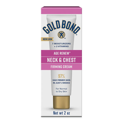 Click to see full view Gold Bond Age Renew Neck & Chest Firming Age Renew Cream, 2 oz | Firmer-looking skin, hyaluronic acid neck firming cream, improves elasticity and texture, dermatologist and clinically tested