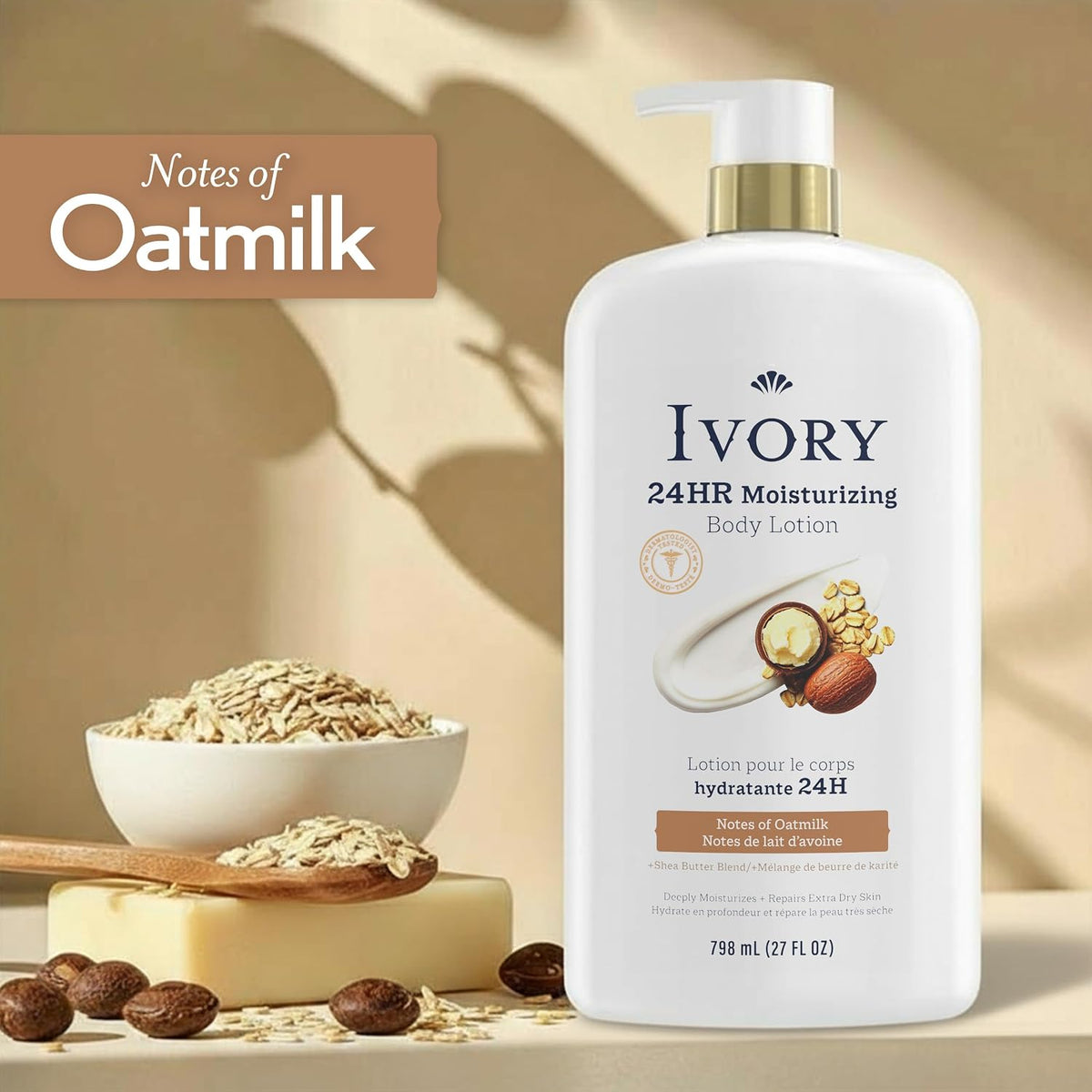 Ivory Hand & Body Lotion, 24hr Moisturizing, Repairs Extra Dry Skin, All Day Hydration, Lightweight Formula, Absorbs Instantly, Perfect for Daily Use, Shea Butter Blend, Oatmilk Scent, 27 fl oz