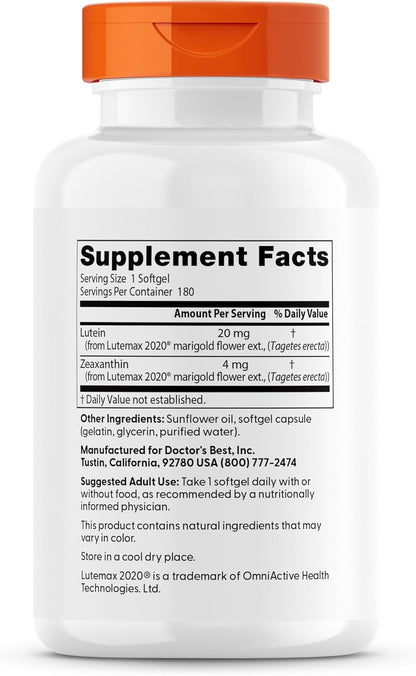 Doctor's Best Lutein Supplement 20mg with Zeaxanthin, 180 Softgels