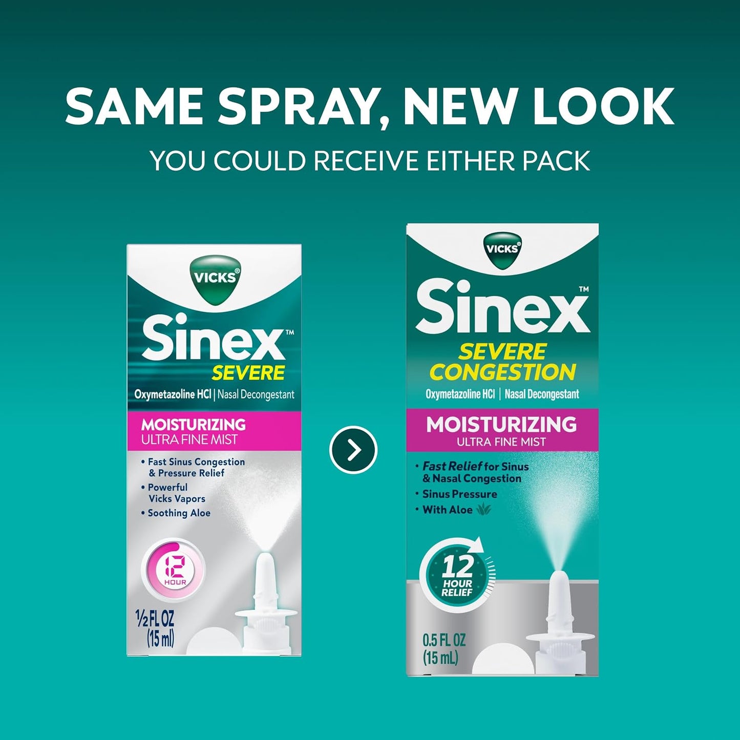 Vicks Sinex Severe Nasal Spray with Moisturizing Ultra Fine Mist, Decongestant for Stuffy Nose Relief from Cold, Allergy, Sinus Pressure - 265 Sprays