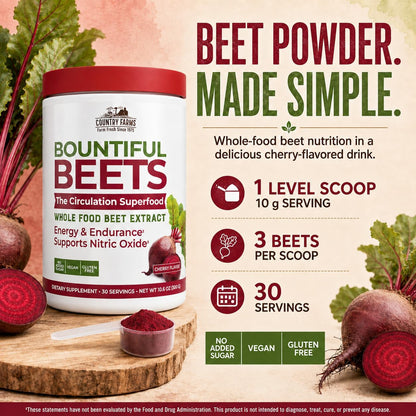 Country Farms Bountiful Beets, Wholefood Beet Extract Superfood, Helps Support Healthy Circulation and Promote Energy, Nitric Oxide Boost, Cherry Flavor, 30 Servings