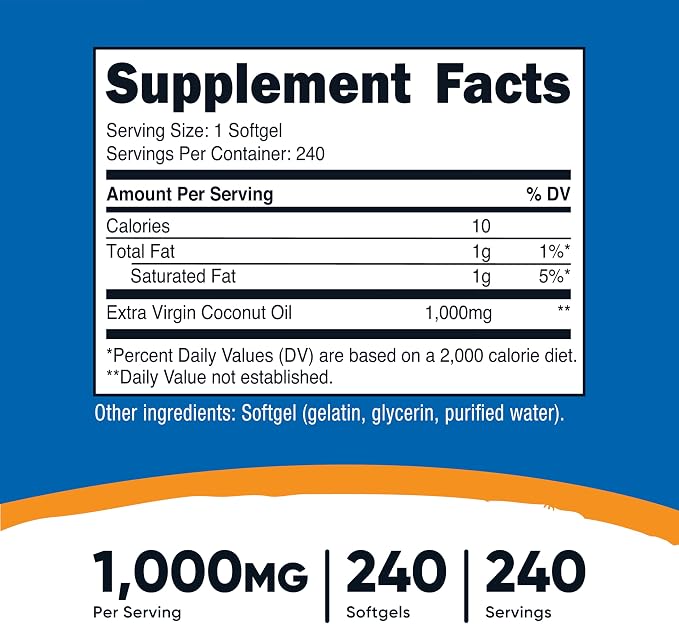 Nutricost Coconut Oil Softgels (1000mg) 240 Softgels, Extra Virgin