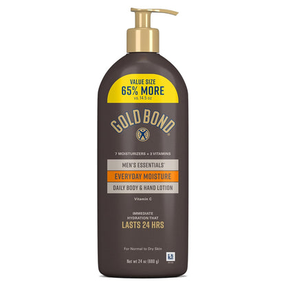 Gold Bond Men's Essentials Daily Body & Hand Lotion for Men, 24 oz | Everyday moisture with Vitamin C, hydrating lotion formulated for men's dry skin, value size, 24hr hydration