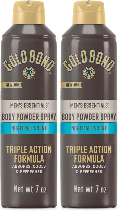 Gold Bond Men's Essentials Talc-Free Body Powder Spray | 7 oz | Pack of 2 | Nightfall Scent | Wetness Protection