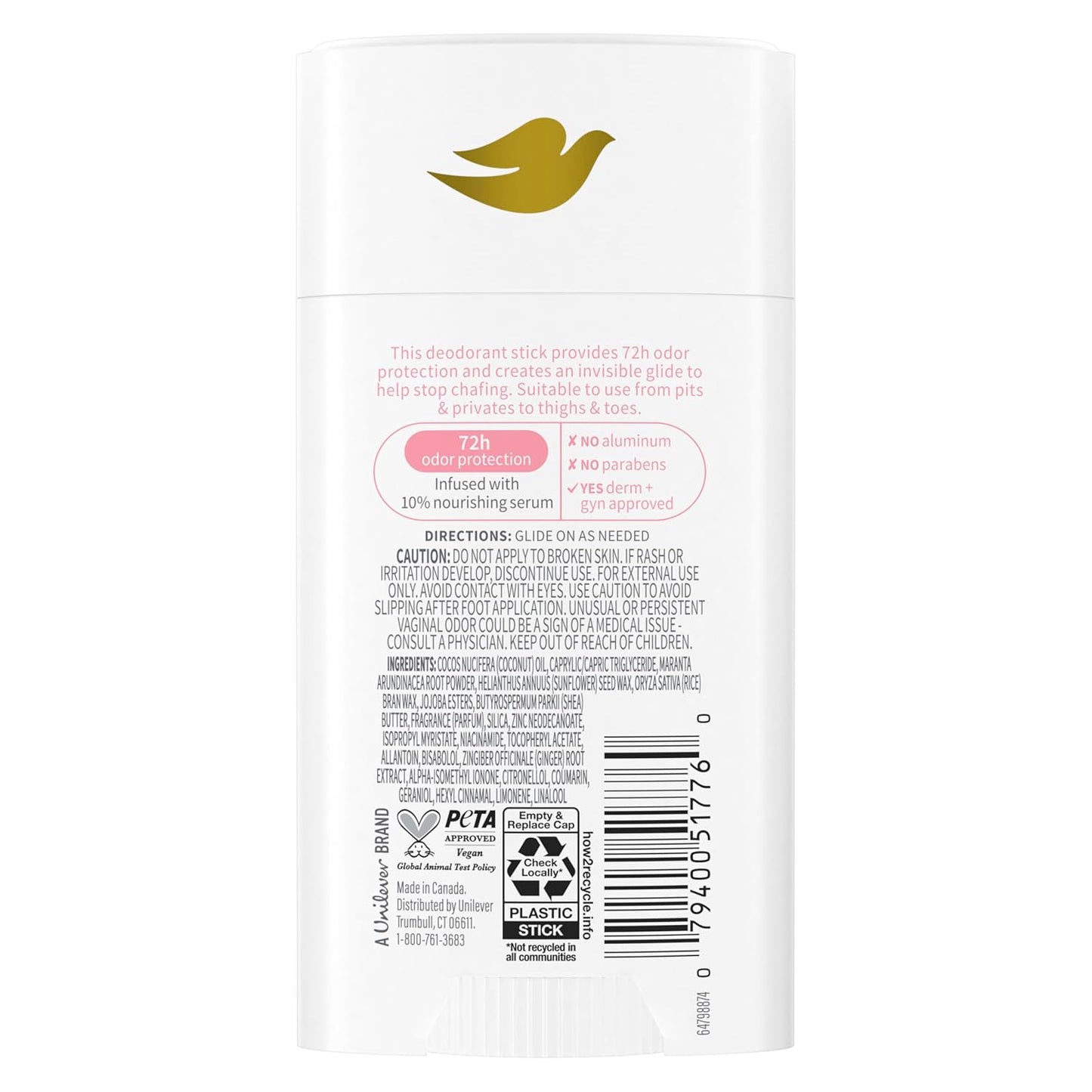 Dove Whole Body Deo Aluminum Free Anti-Chafe Deodorant Stick Raspberry & Rose for 72h Odor Control 2.6 Oz, (Pack of 2)