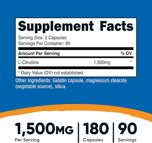 Nutricost L-Citrulline 1500mg, 180 Capsules, Gluten Free, GMO-Free