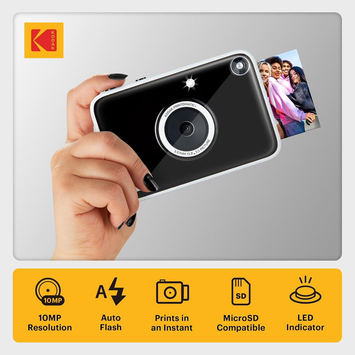 Kodak Printomatic+ Instant Print Digital Camera (Black) 10MP Portable Camera with Interactive RGB LED Status Indicator, Prints Full-Color Photos on Zink 2x3” Sticky-Backed Photo Paper - Easy & Fun