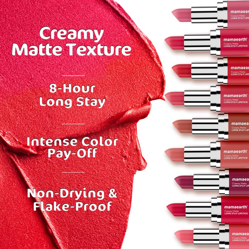 MAMAEARTH Creamy Matte Lipstick with Murumuru Butter & Vitamin E, 4.2g | Creamy matte lipstick formulated with Murumuru Butter and Vitamin E.