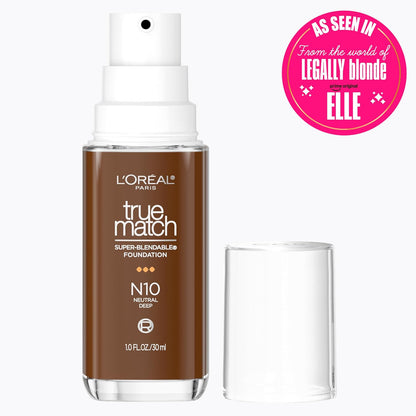 L'Oreal Paris True Match Super-Blendable Foundation, Medium Coverage Liquid Foundation Makeup, N10, Deep, 1 Fl Oz