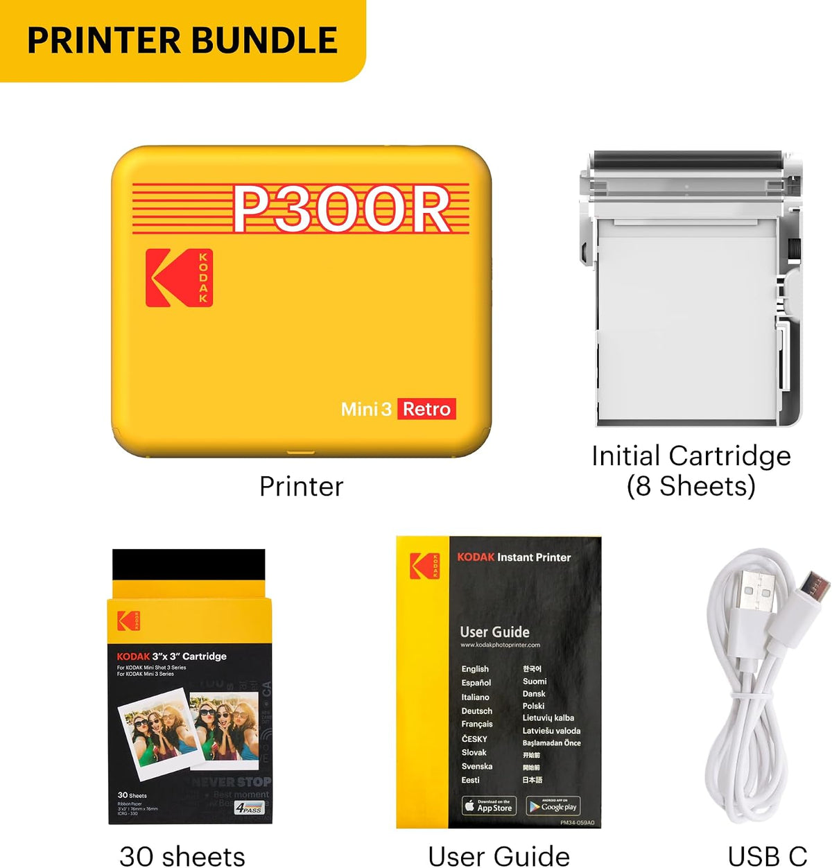 KODAK Mini 3 Retro 3x3 Portable Photo Printer, 4PASS, 38 Sheets, White