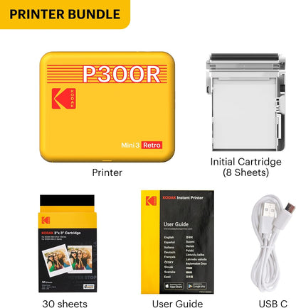 KODAK Mini 3 Retro 3x3 Portable Photo Printer, 4PASS, 38 Sheets, White