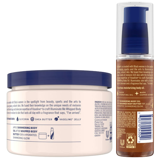 Vaseline Illuminate Me Body Butter & Oil - Shimmering Body Bronzer, Hydrating Whipped Organic Shea Butter with 24-Hour Moisture for Melanin-Rich Skin, Radiant Glow Oil (2 Piece Set)