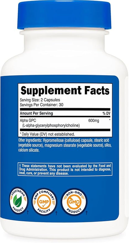 Nutricost Alpha GPC 600mg, 60 Vegetarian Capsules - Non-GMO and Gluten Free, 300mg Per Capsule