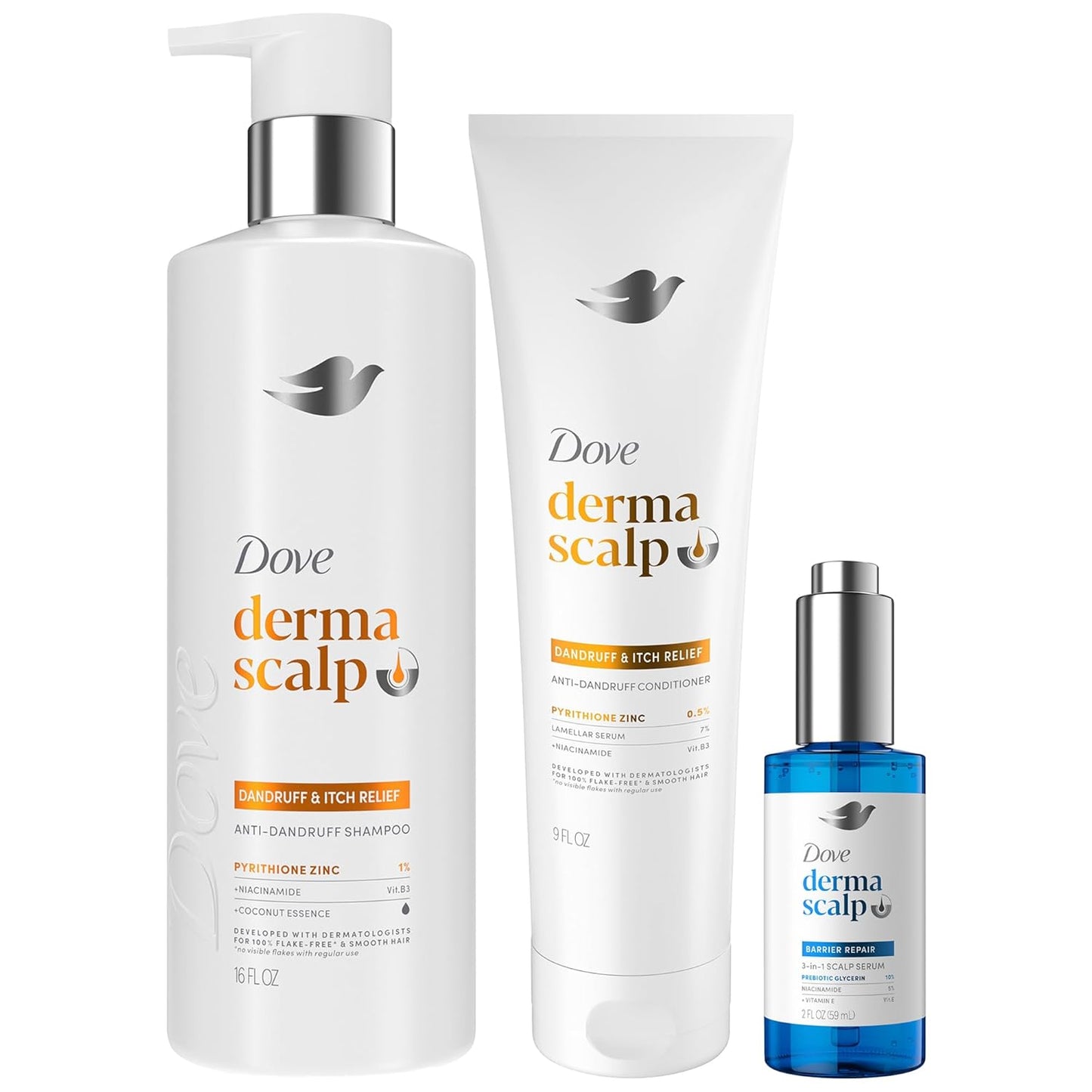Dove Derma Scalp Anti-Dandruff Shampoo, Conditioner + 3-in-1 Scalp Serum – Dandruff & Itch Relief Treatment with 1% Pyrithione Zinc, Niacinamide