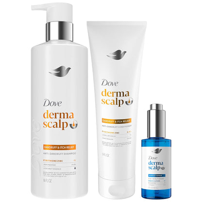 Dove Derma Scalp Anti-Dandruff Shampoo, Conditioner + 3-in-1 Scalp Serum – Dandruff & Itch Relief Treatment with 1% Pyrithione Zinc, Niacinamide