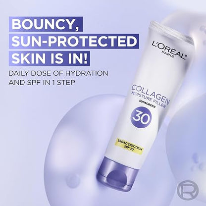 L'Oreal Paris Collagen Moisture Filler Face Cream with Broad Spectrum SPF 30, Anti-Aging Moisturizer and Daily Sunscreen, Includes Face Serum Sample