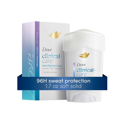 Dove Clinical + Care Antiperspirant Deodorant Stick for Women, 96H Clinical Strength Sweat & Odor Protection, With Nourishing Serum, Original Clean with Fresh Scent, 1.7 oz