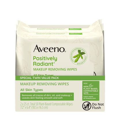 Aveeno Positively Radiant Makeup Remover Wipes,Oil Free,Alcohol Free,Non-Comedogenic Facial Cleansing Wipes,Gentle Face-Wipes for Sensitive Skin,Travel Makeup-Wipes,Twin Pack,2 x 25 Ct,(Pack of 2)